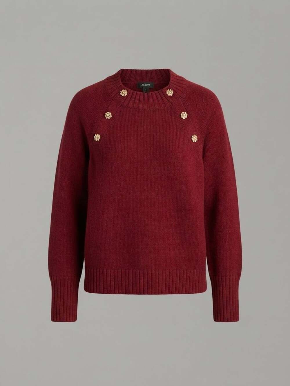 J.Crew Crewneck Sweater Size L Jeweled Buttons Burgundy
